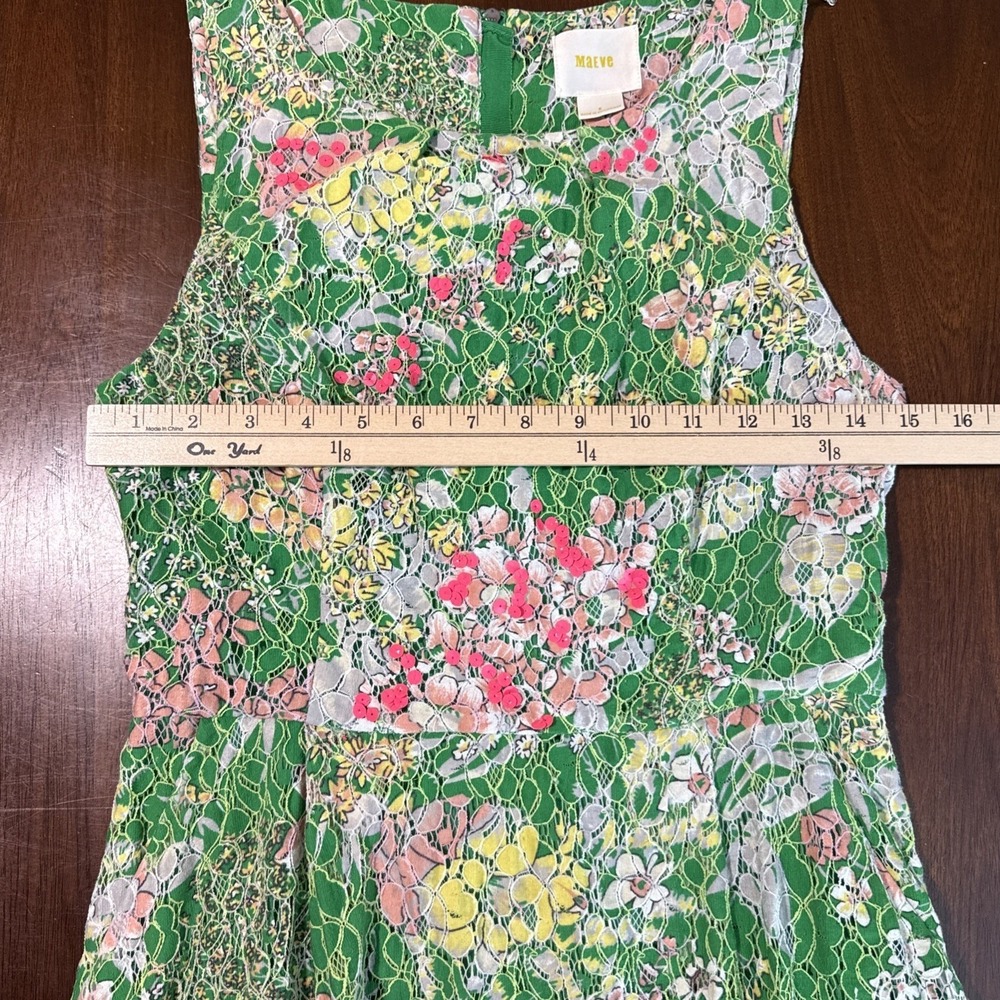 Maeve Anthropologie Womens Fit Flare Dress Size 6 Green Lace Sequin Garden Party - Picture 8 of 10